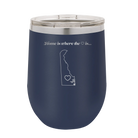 Laser etched navy 12 oz vacuum insulated wine cup with 'Delaware Heart' design