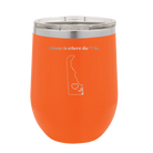 Laser etched orange 12 oz vacuum insulated wine cup with 'Delaware Heart' design