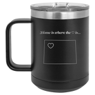 Laser etched black 15 oz vacuum insulated coffee mug with 'Wyoming Heart' design
