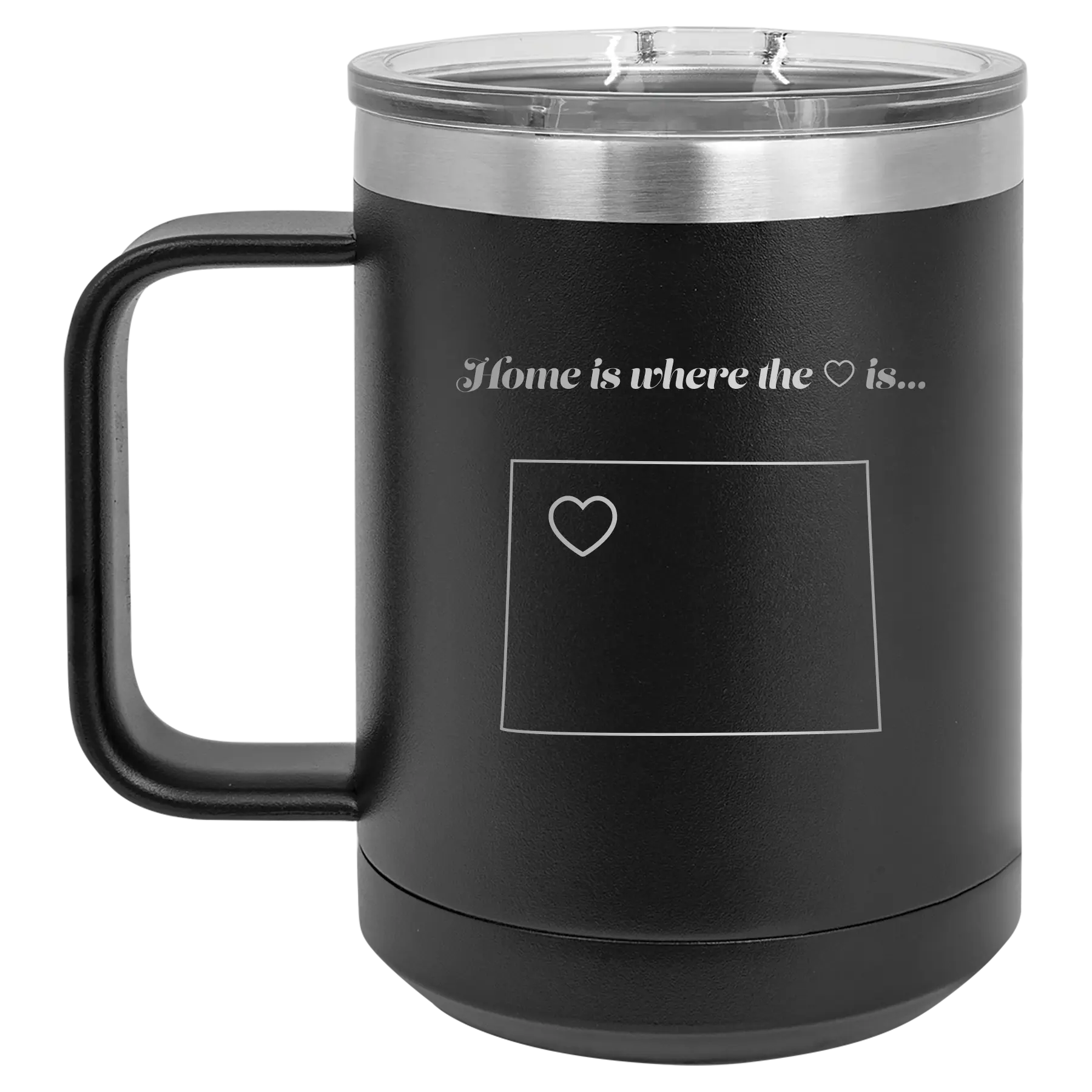 Laser etched black 15 oz vacuum insulated coffee mug with 'Wyoming Heart' design