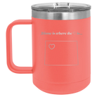 Laser etched coral 15 oz vacuum insulated coffee mug with 'Wyoming Heart' design
