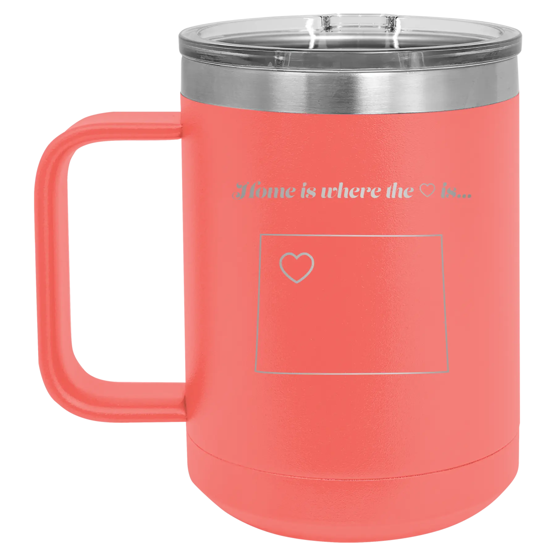 Laser etched coral 15 oz vacuum insulated coffee mug with 'Wyoming Heart' design
