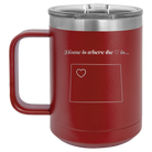 Laser etched maroon 15 oz vacuum insulated coffee mug with 'Wyoming Heart' design