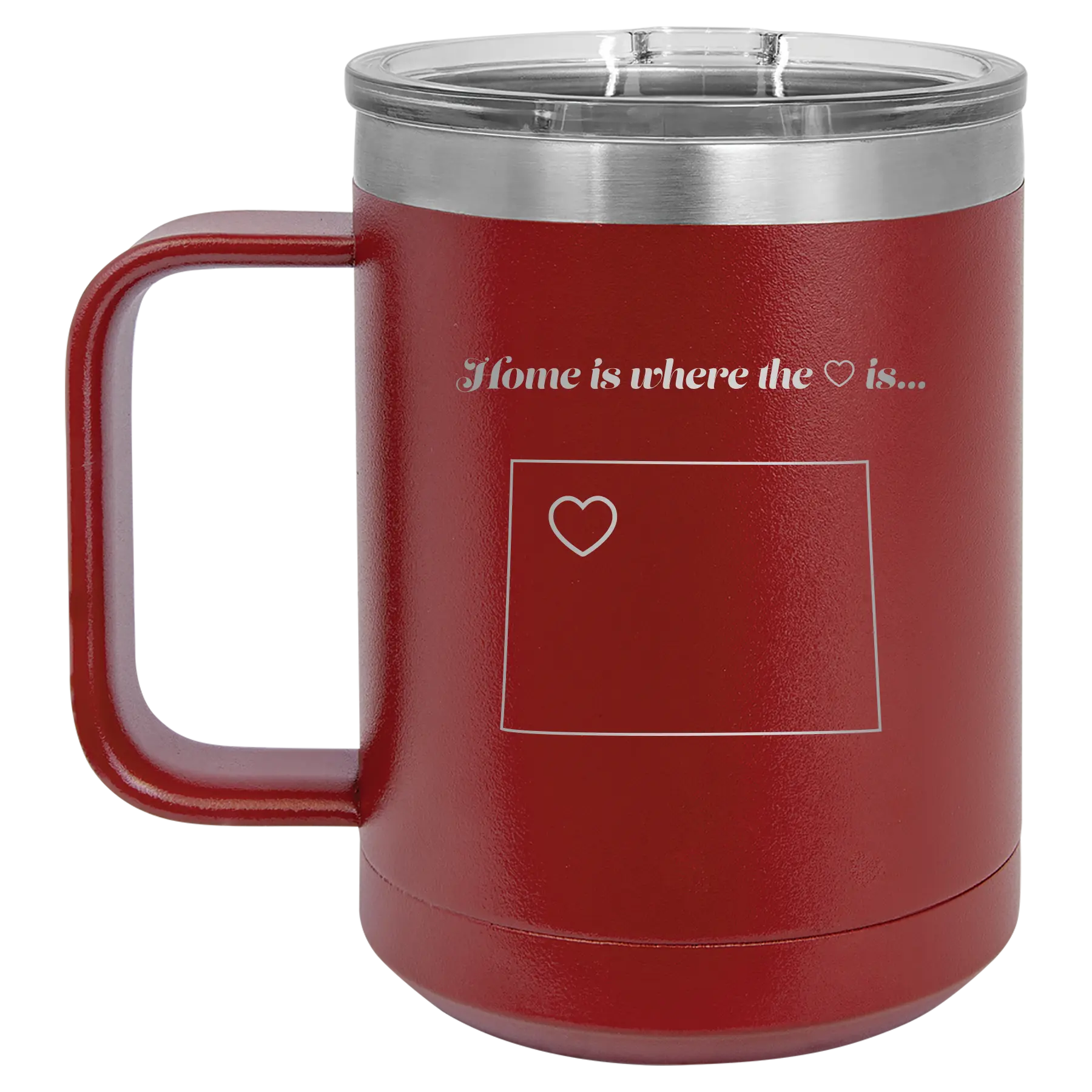 Laser etched maroon 15 oz vacuum insulated coffee mug with 'Wyoming Heart' design