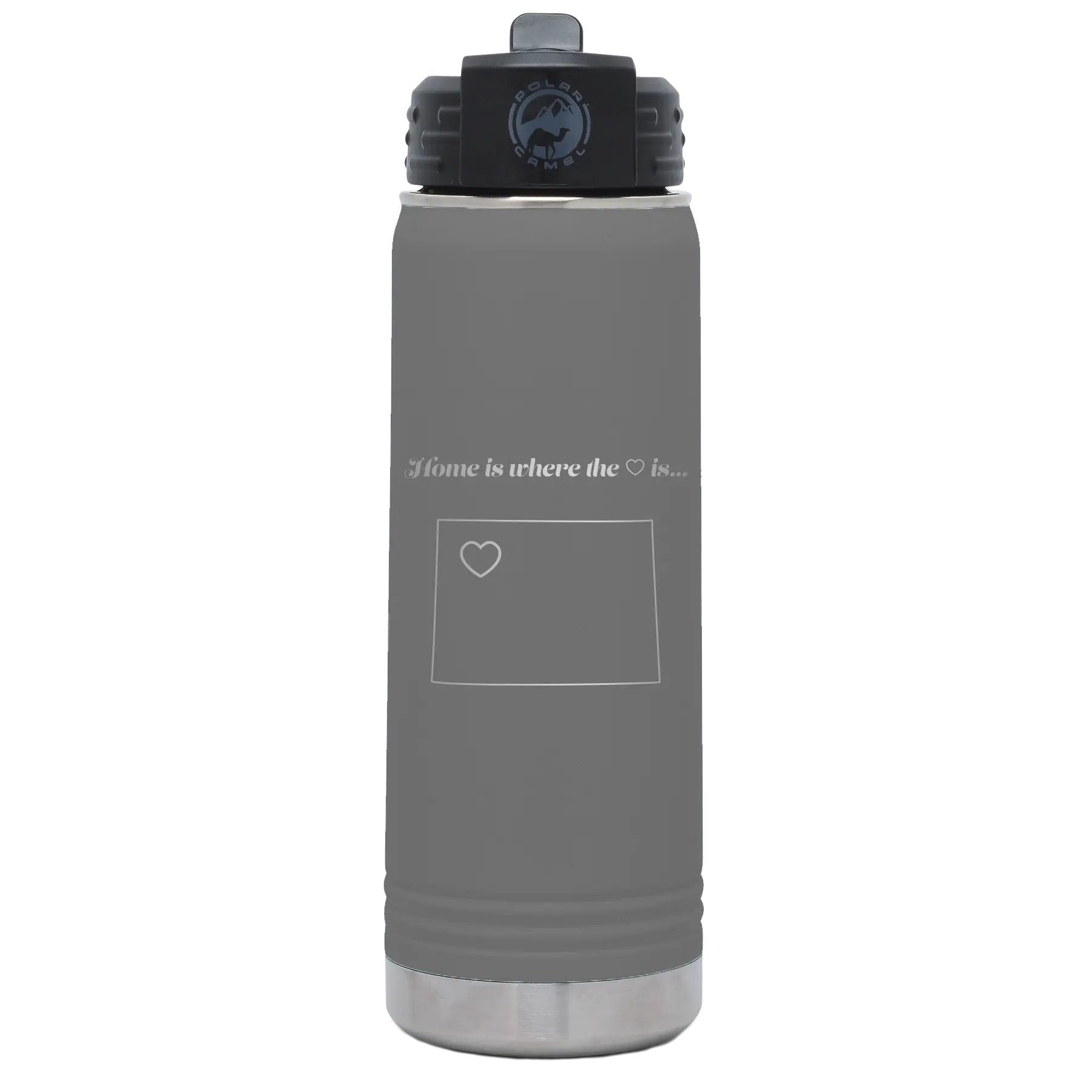 Laser etched dark gray 20 oz vacuum insulated water bottle with 'Wyoming Heart' design