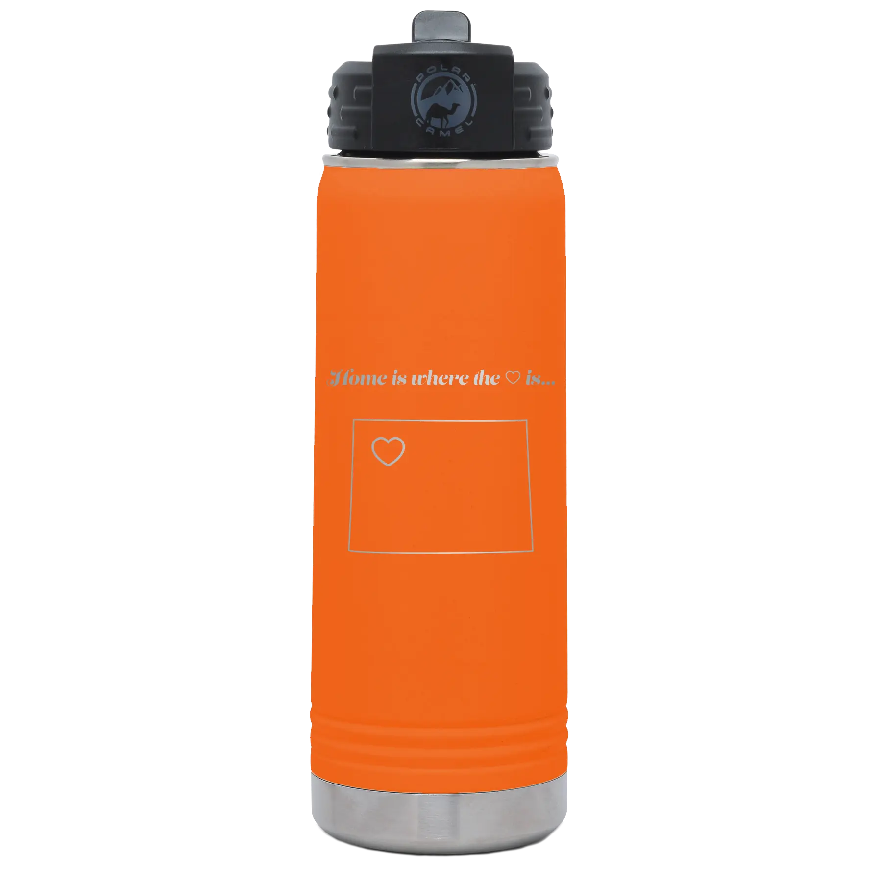 Laser etched orange 20 oz vacuum insulated water bottle with 'Wyoming Heart' design