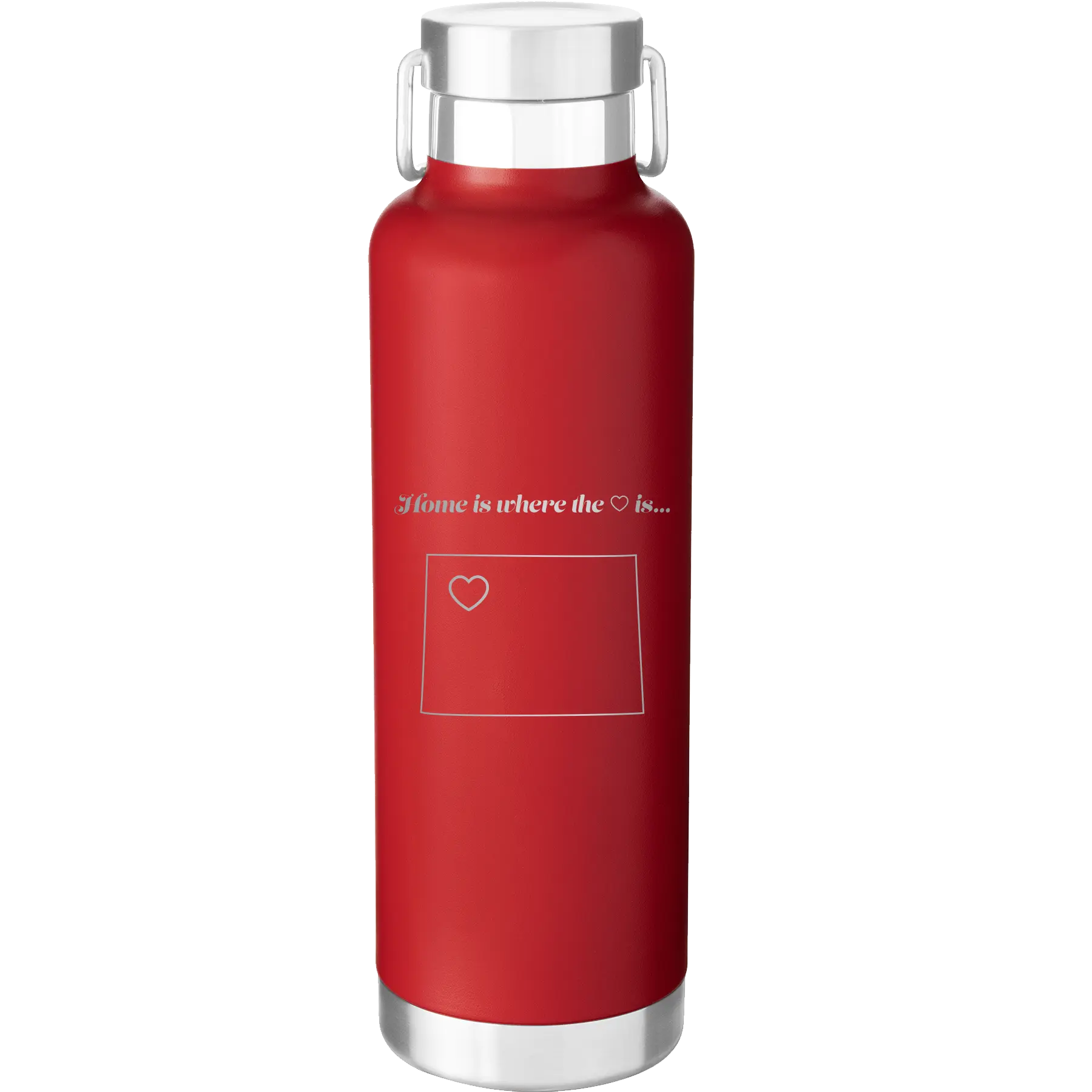 Laser etched red 24 oz vacuum insulated water bottle with 'Wyoming Heart' design