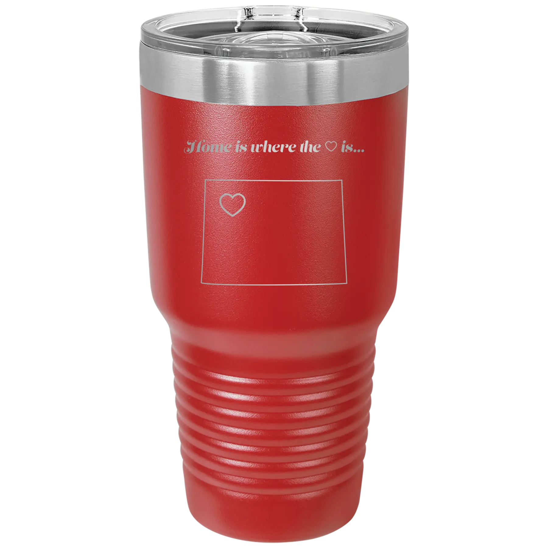 Laser etched red 30 oz vacuum insulated tumbler with 'Wyoming Heart' design
