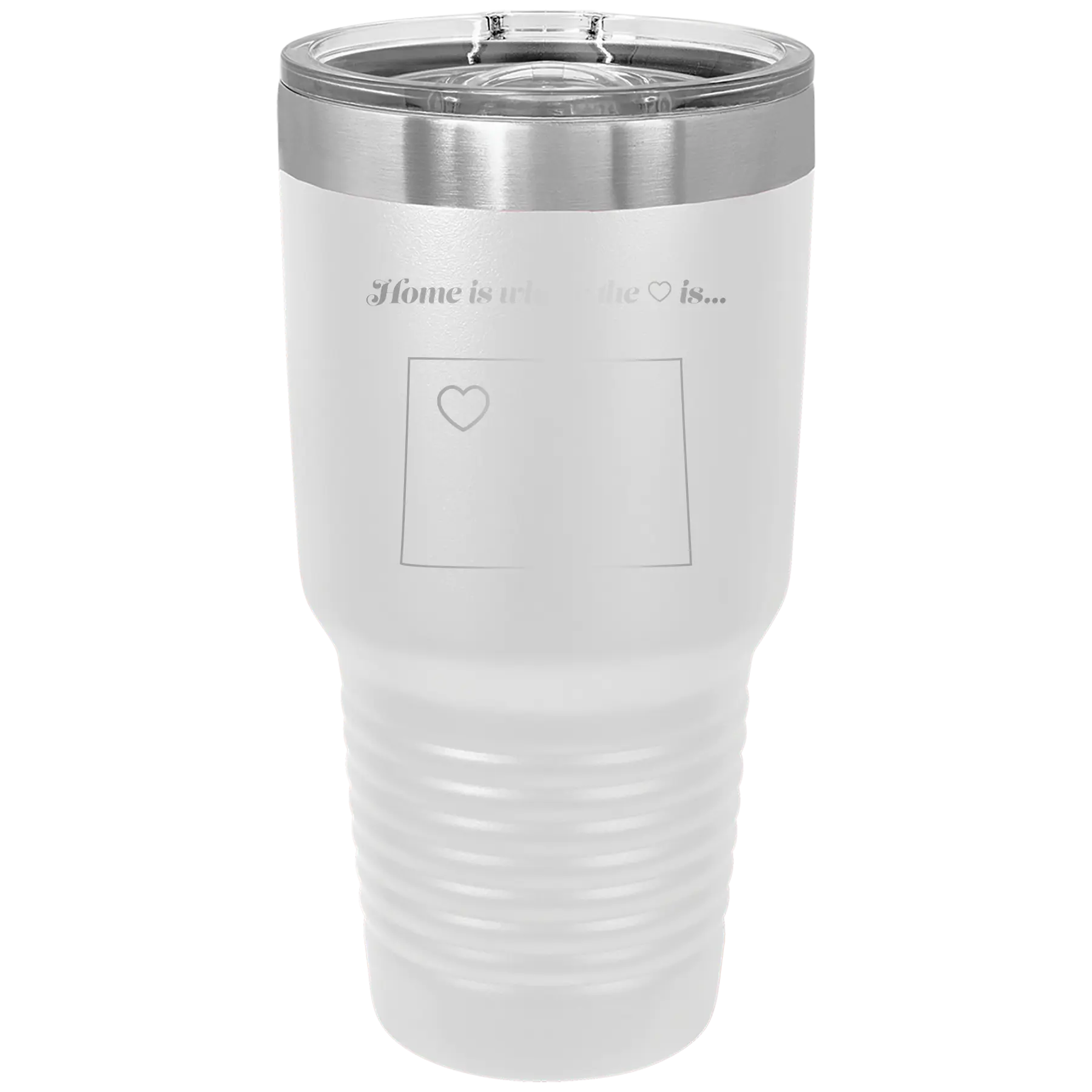 Laser etched white 30 oz vacuum insulated tumbler with 'Wyoming Heart' design