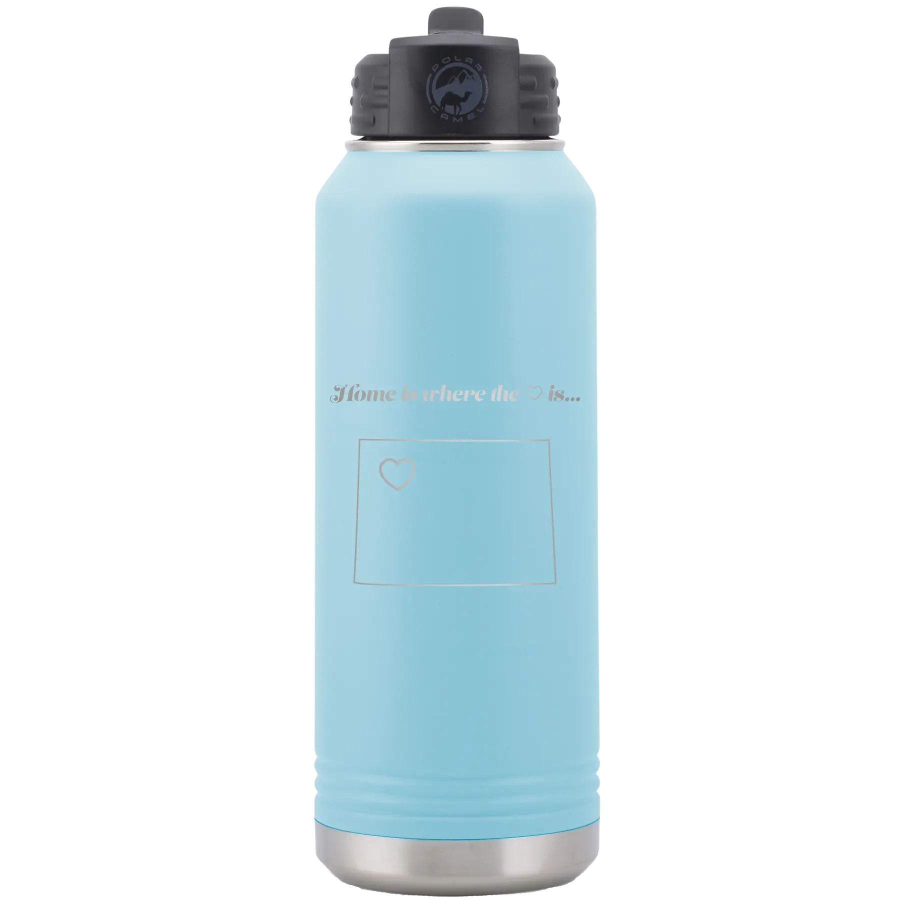 Laser etched light blue 32 oz vacuum insulated water bottle with 'Wyoming Heart' design