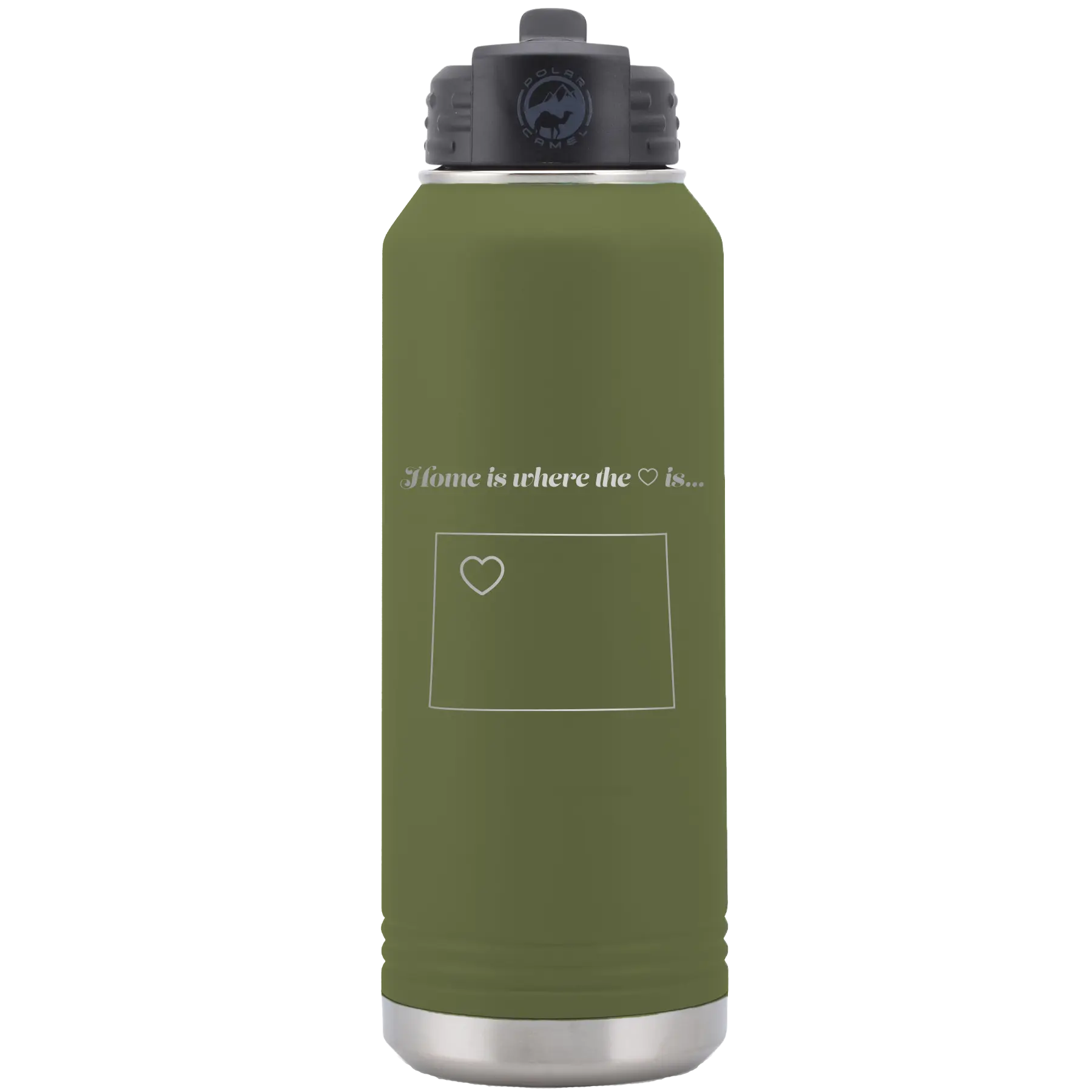 Laser etched olive green 32 oz vacuum insulated water bottle with 'Wyoming Heart' design