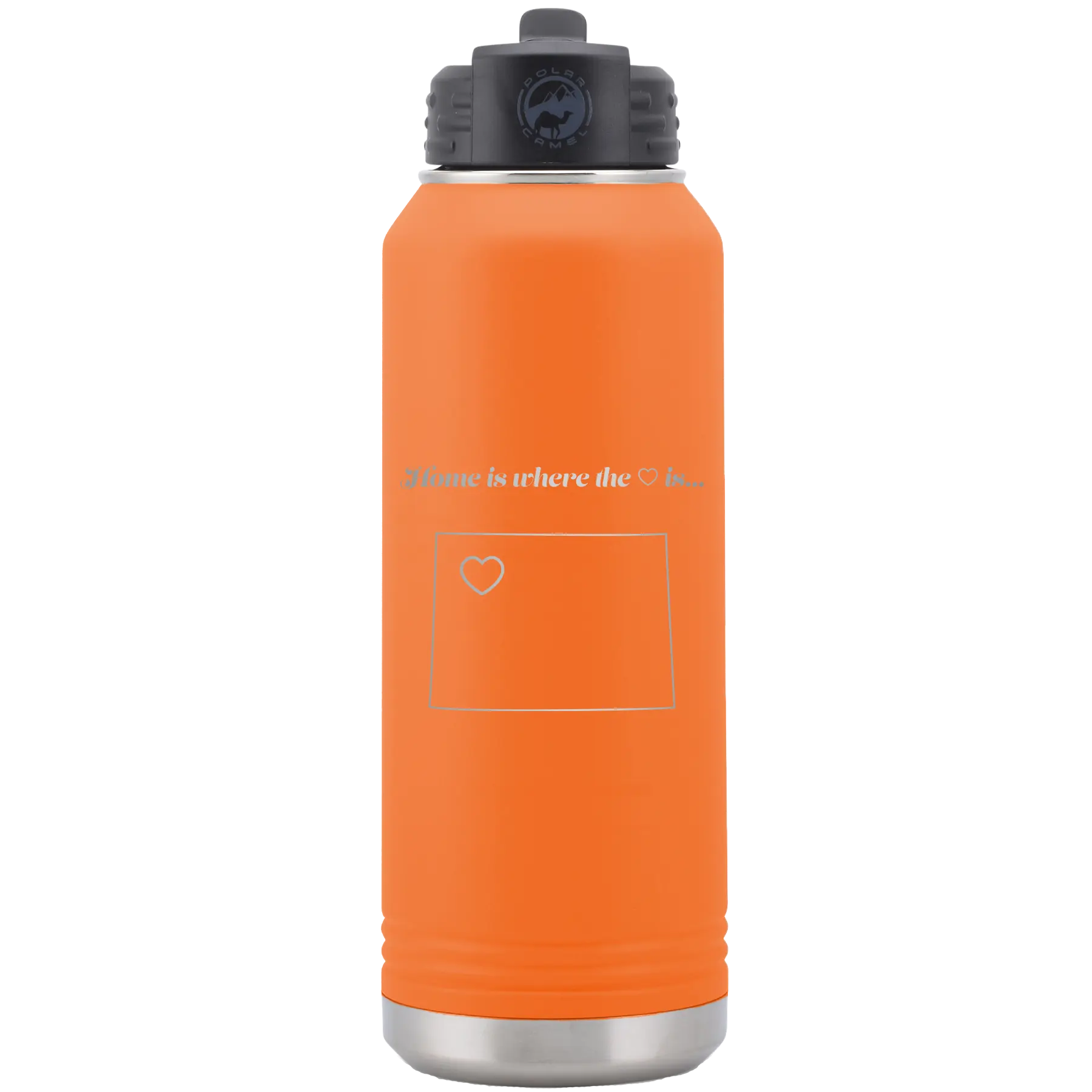 Laser etched orange 32 oz vacuum insulated water bottle with 'Wyoming Heart' design