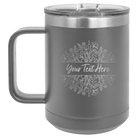 Personalized dark gray 15 oz vacuum insulated coffee mug with 'Floral Bouquet with text' design