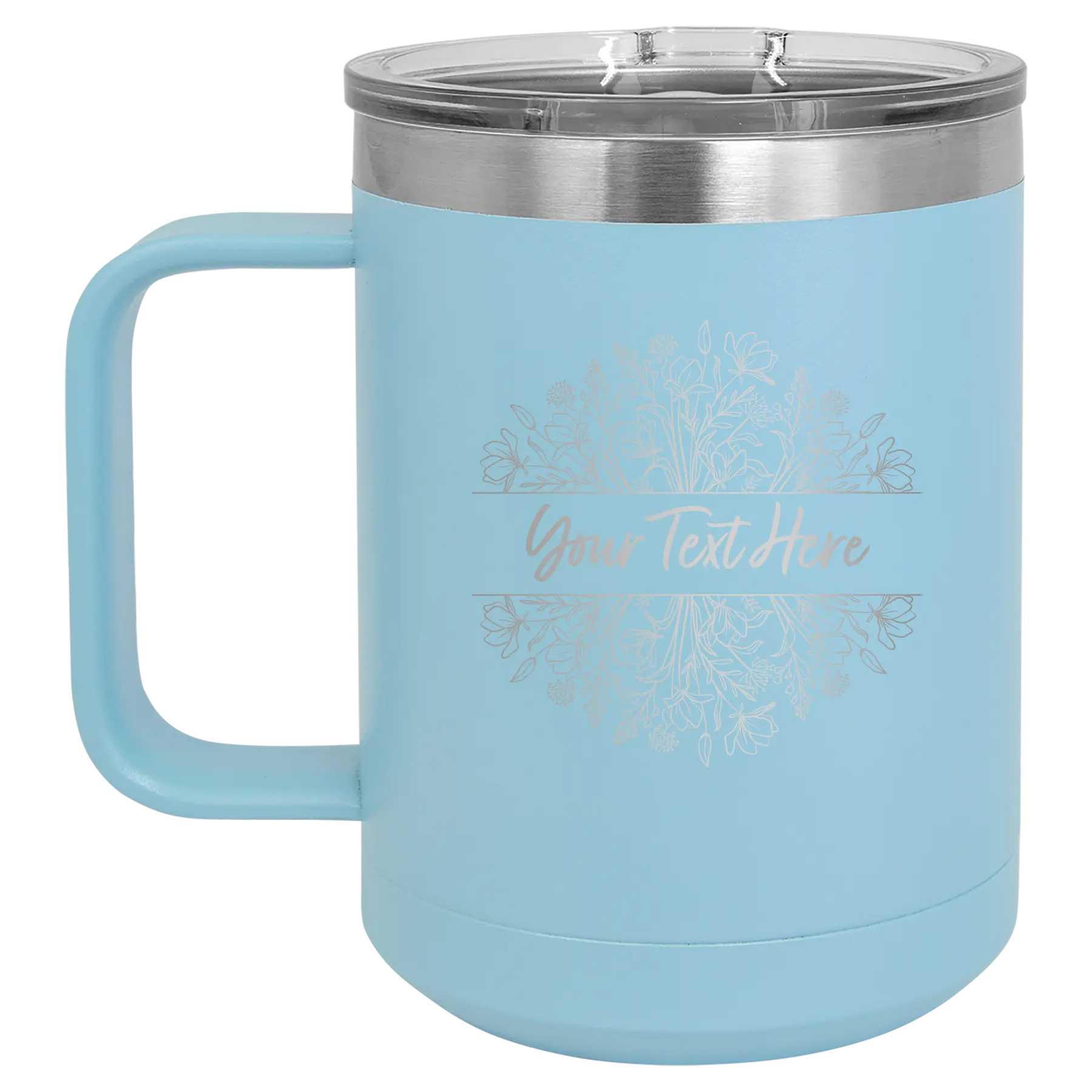Personalized light blue 15 oz vacuum insulated coffee mug with 'Floral Bouquet with text' design