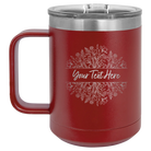 Personalized maroon 15 oz vacuum insulated coffee mug with 'Floral Bouquet with text' design