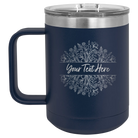 Personalized navy 15 oz vacuum insulated coffee mug with 'Floral Bouquet with text' design