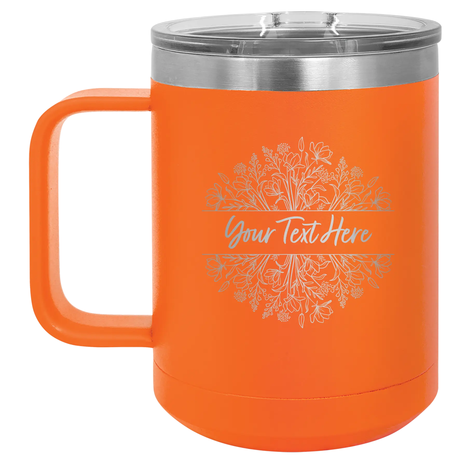 Personalized orange 15 oz vacuum insulated coffee mug with 'Floral Bouquet with text' design