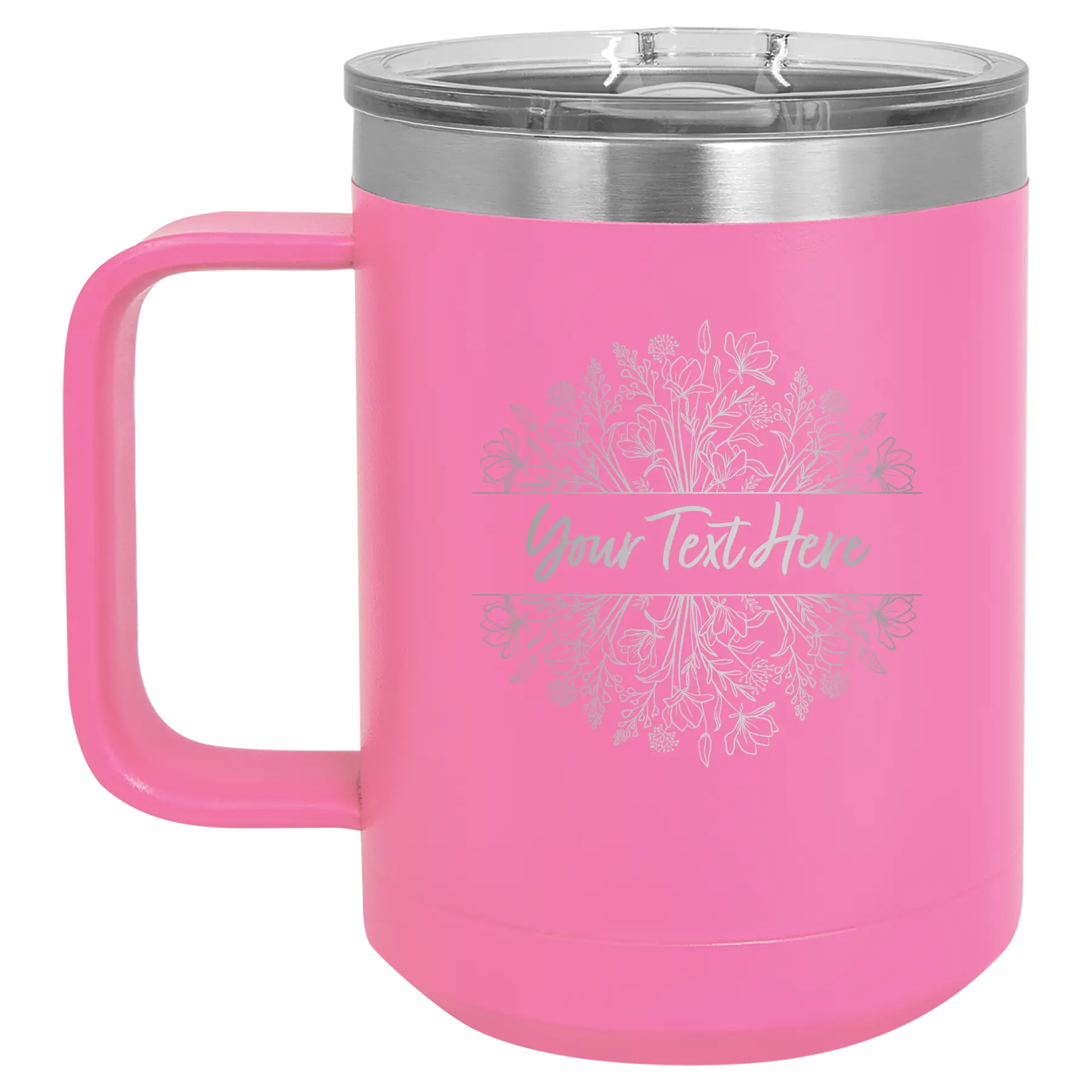 Personalized pink 15 oz vacuum insulated coffee mug with 'Floral Bouquet with text' design