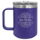 Personalized purple 15 oz vacuum insulated coffee mug with 'Floral Bouquet with text' design