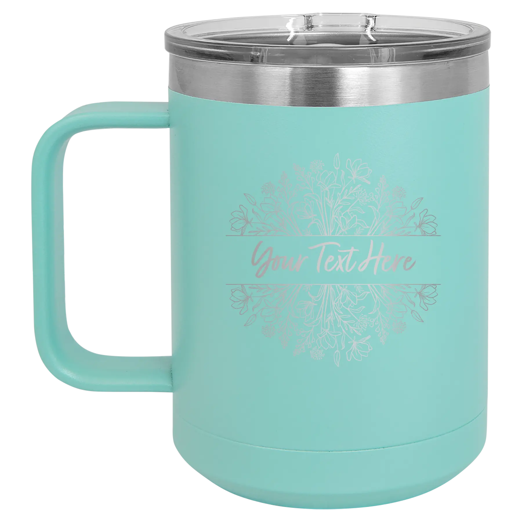 Personalized teal 15 oz vacuum insulated coffee mug with 'Floral Bouquet with text' design