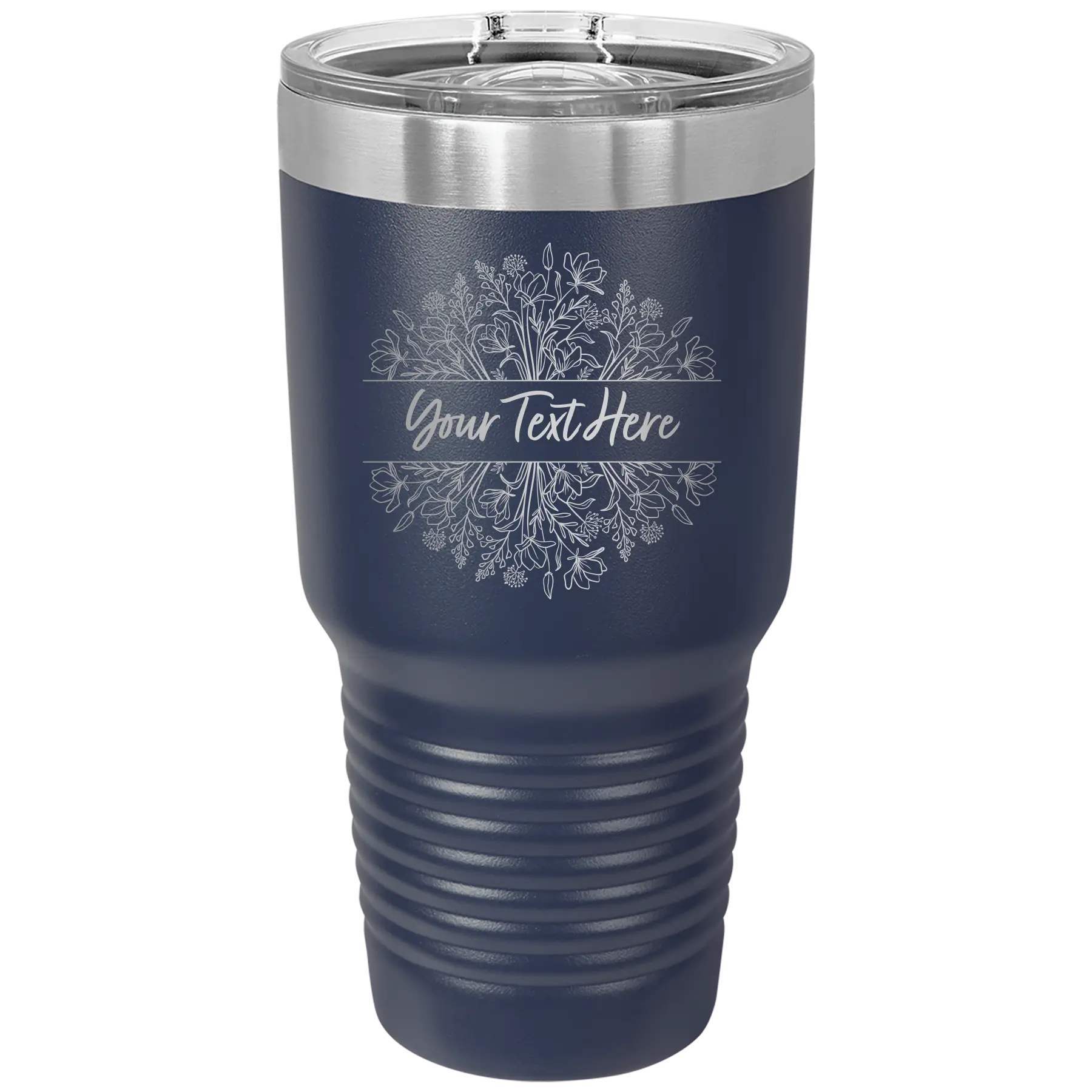 Personalized navy 30 oz vacuum insulated tumbler with 'Floral Bouquet with text' design