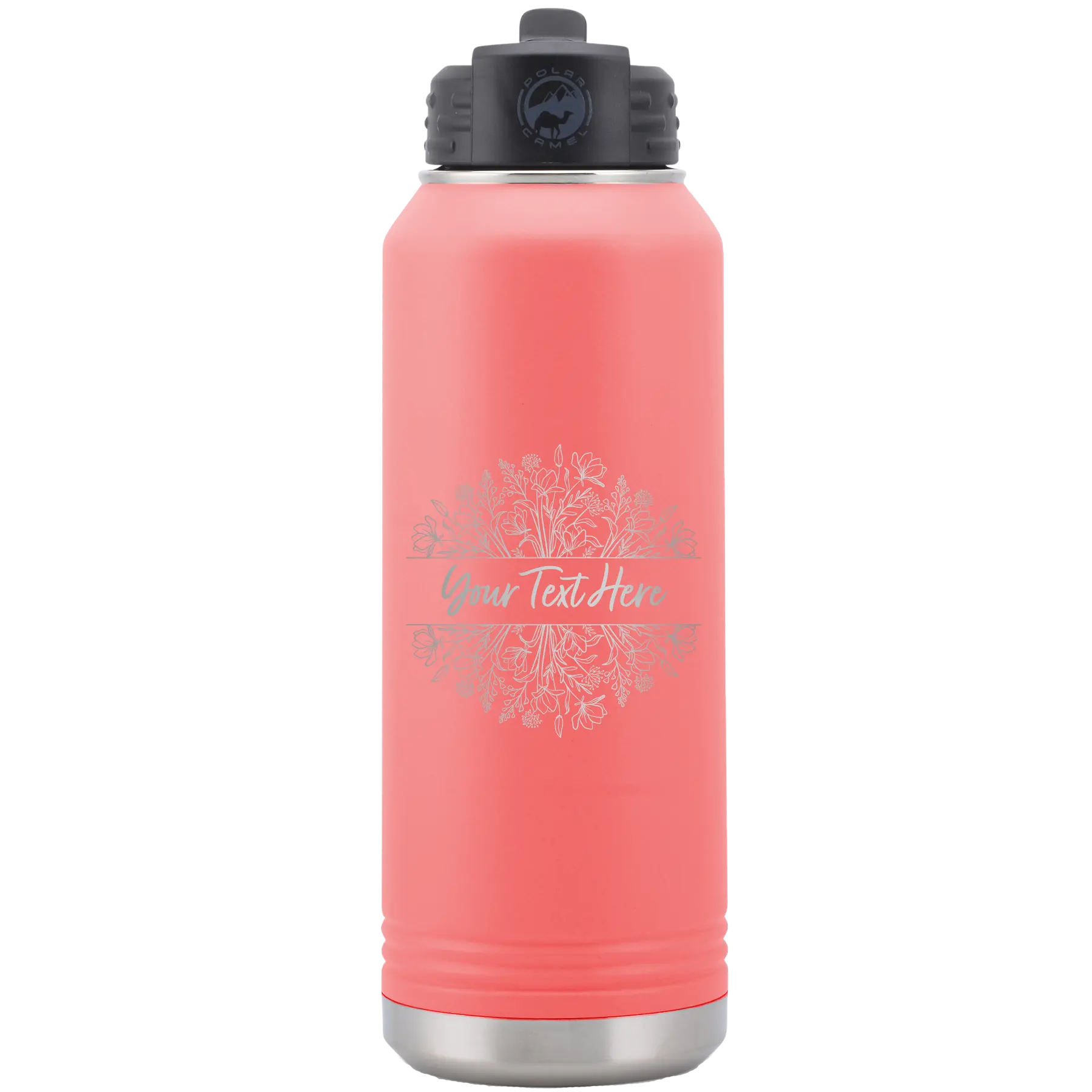 Personalized coral 32 oz vacuum insulated water bottle with 'Floral Bouquet with text' design