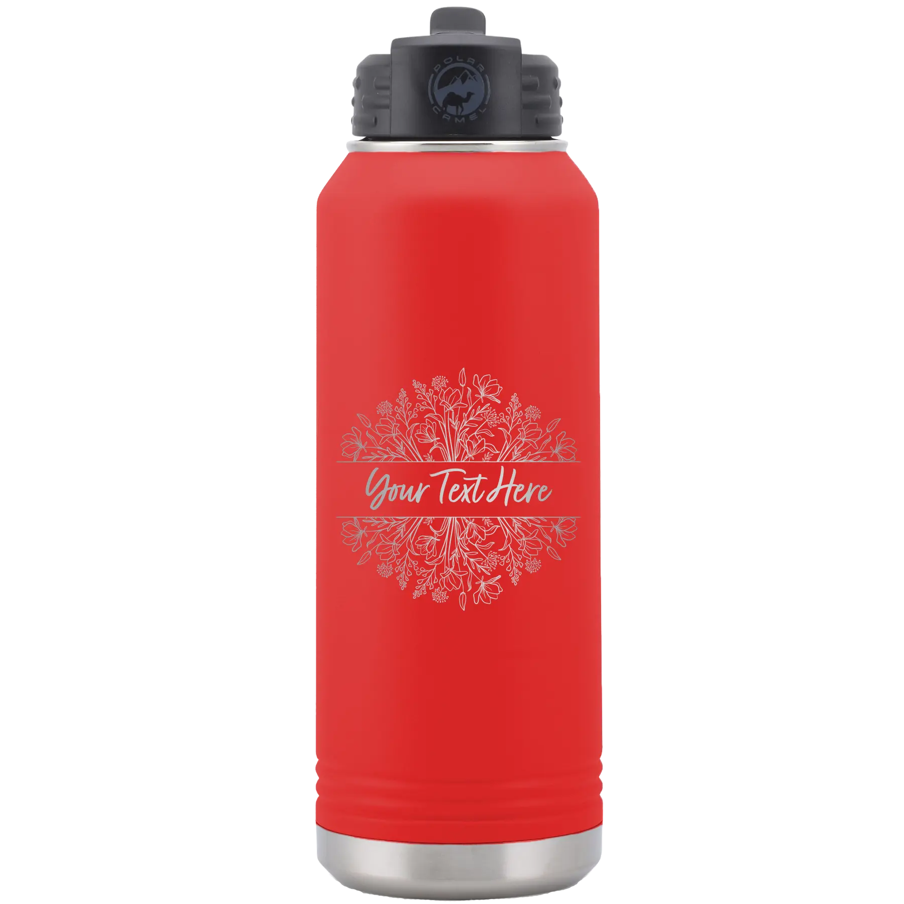 Personalized red 32 oz vacuum insulated water bottle with 'Floral Bouquet with text' design