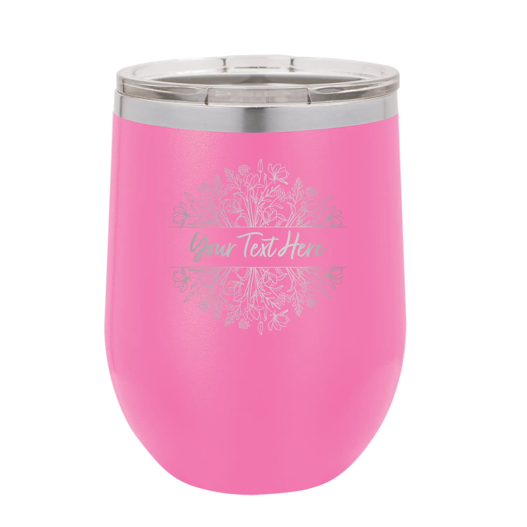 Personalized pink 12 oz vacuum insulated wine cup with 'Floral Bouquet with text' design