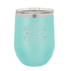 Personalized teal 12 oz vacuum insulated wine cup with 'Floral Bouquet with text' design