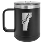 Laser etched black 15 oz vacuum insulated coffee mug with 'Vermont Home' design