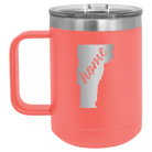 Laser etched coral 15 oz vacuum insulated coffee mug with 'Vermont Home' design