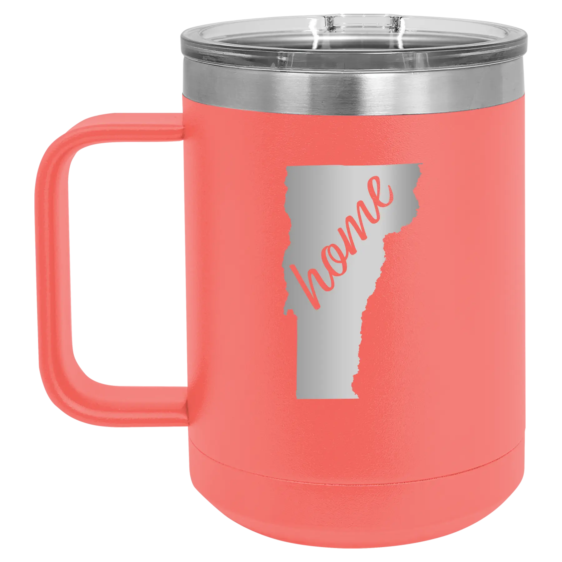Laser etched coral 15 oz vacuum insulated coffee mug with 'Vermont Home' design