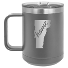 Laser etched dark gray 15 oz vacuum insulated coffee mug with 'Vermont Home' design