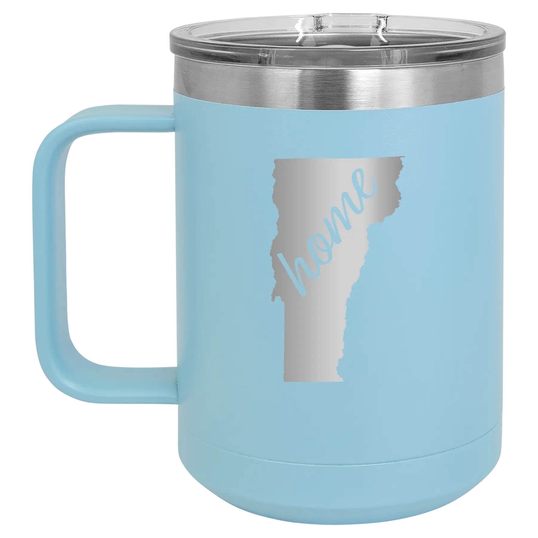 Laser etched light blue 15 oz vacuum insulated coffee mug with 'Vermont Home' design