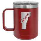 Laser etched maroon 15 oz vacuum insulated coffee mug with 'Vermont Home' design