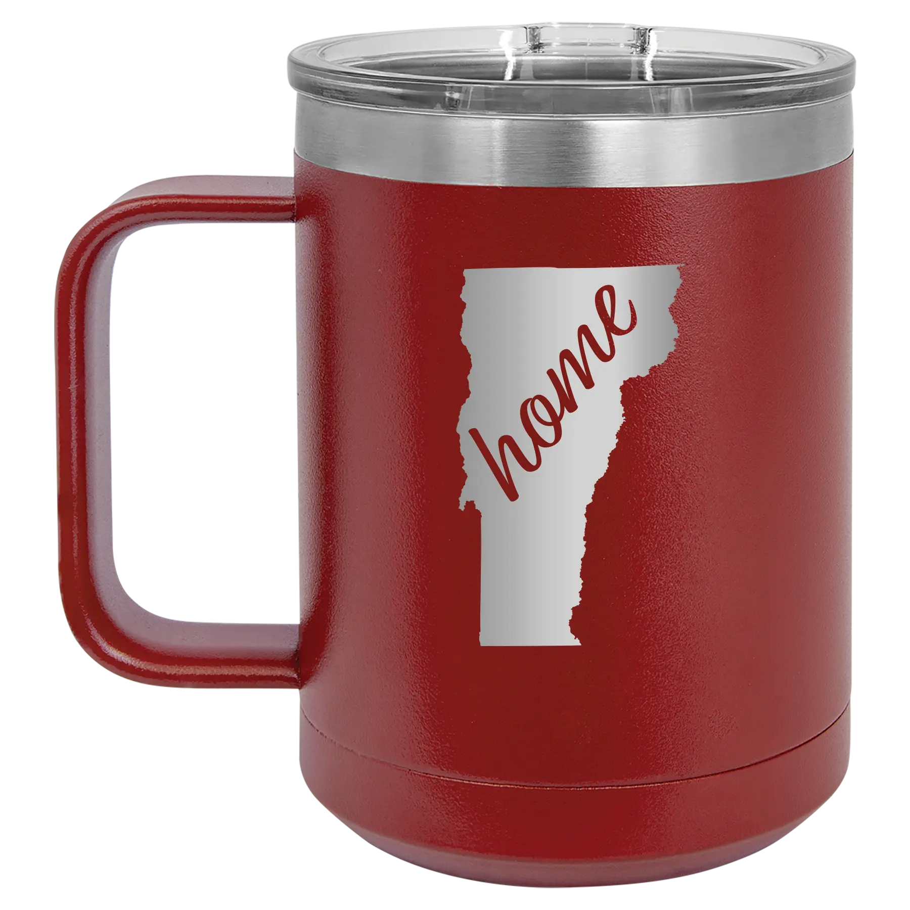 Laser etched maroon 15 oz vacuum insulated coffee mug with 'Vermont Home' design