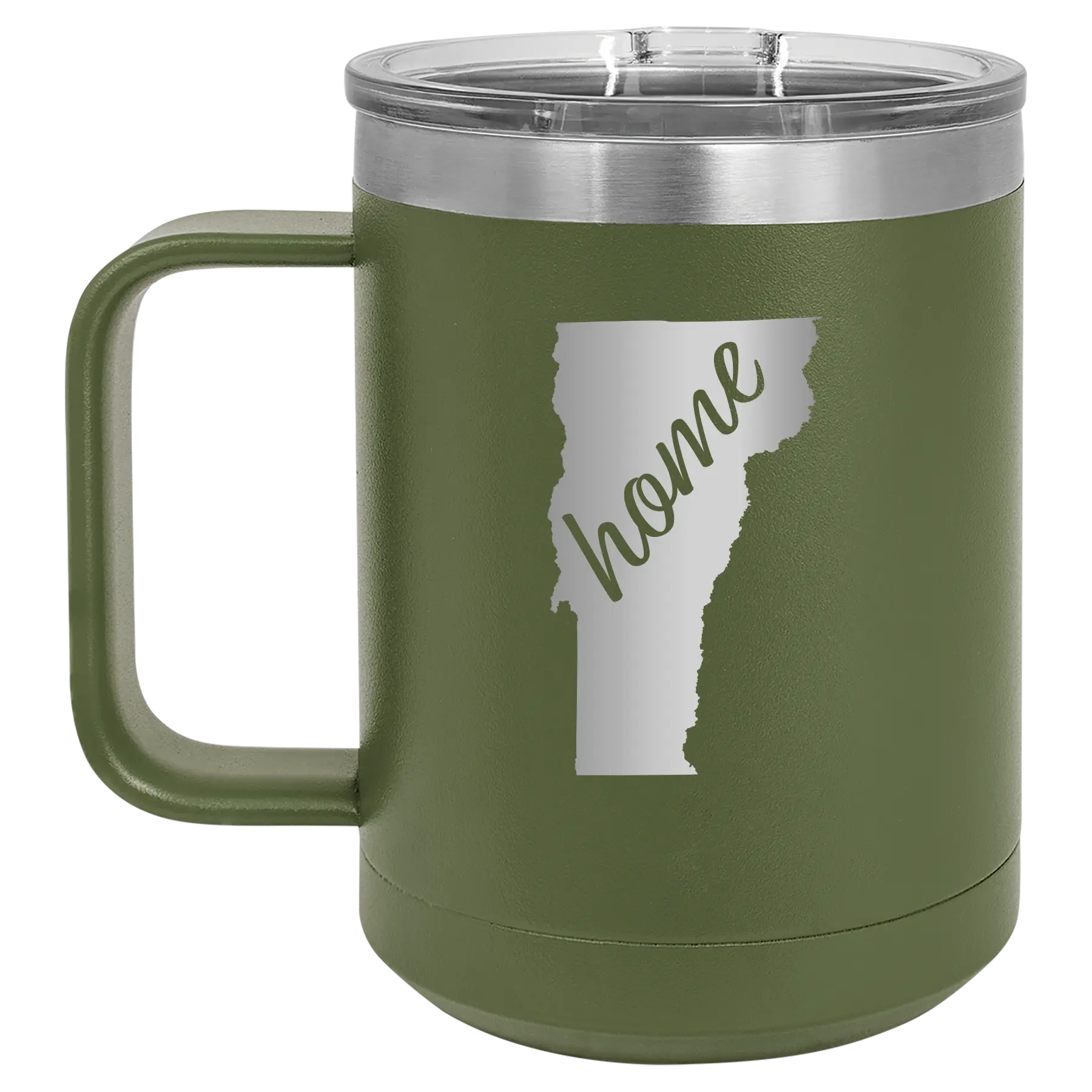 Laser etched olive green 15 oz vacuum insulated coffee mug with 'Vermont Home' design