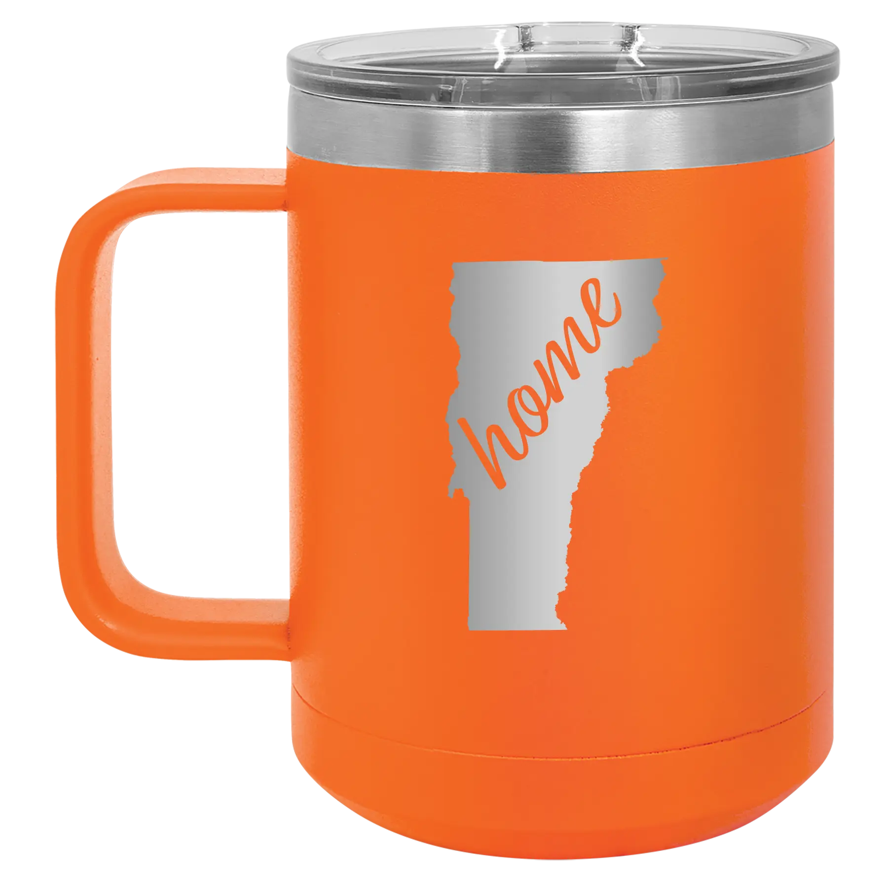 Laser etched orange 15 oz vacuum insulated coffee mug with 'Vermont Home' design