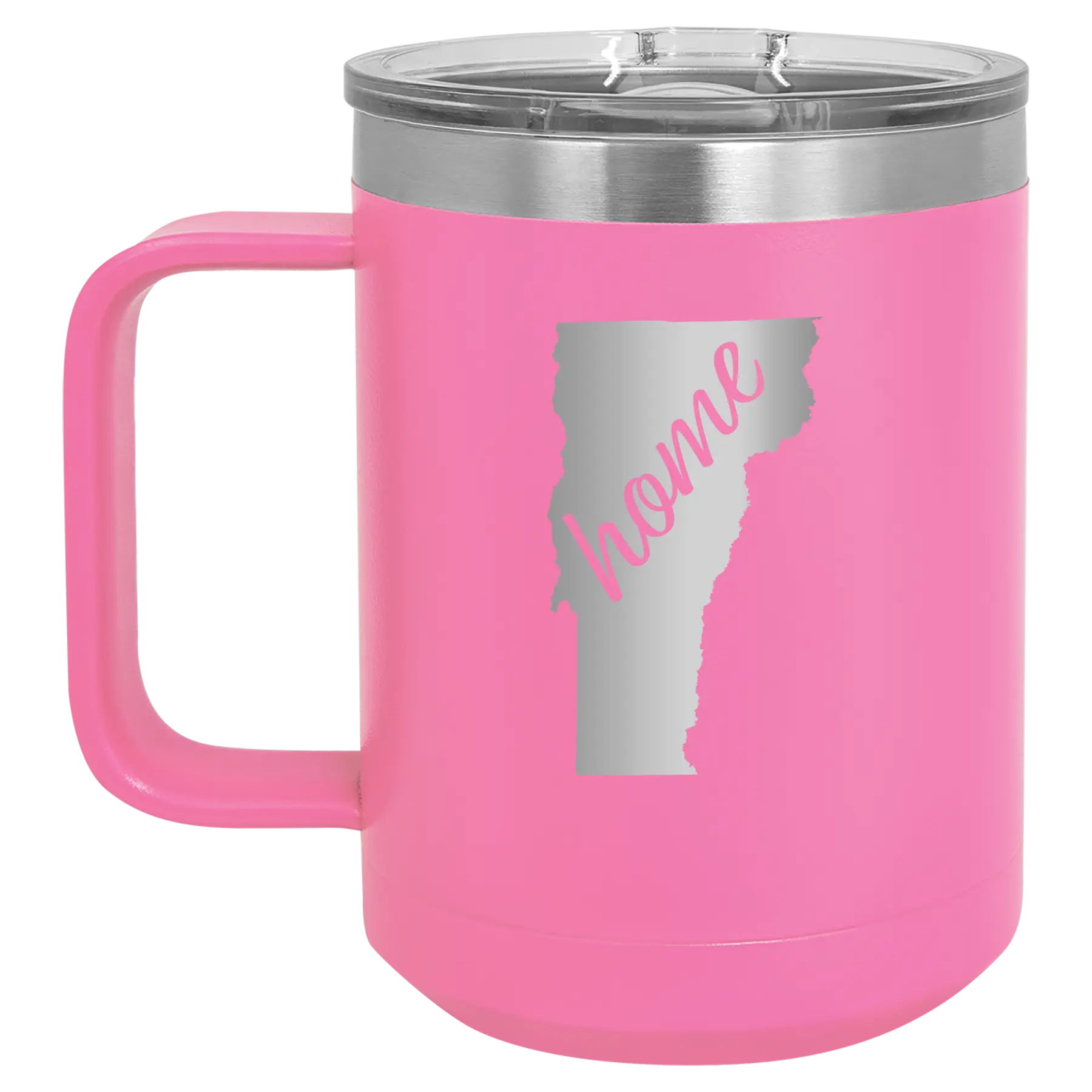 Laser etched pink 15 oz vacuum insulated coffee mug with 'Vermont Home' design