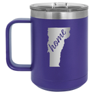 Laser etched purple 15 oz vacuum insulated coffee mug with 'Vermont Home' design