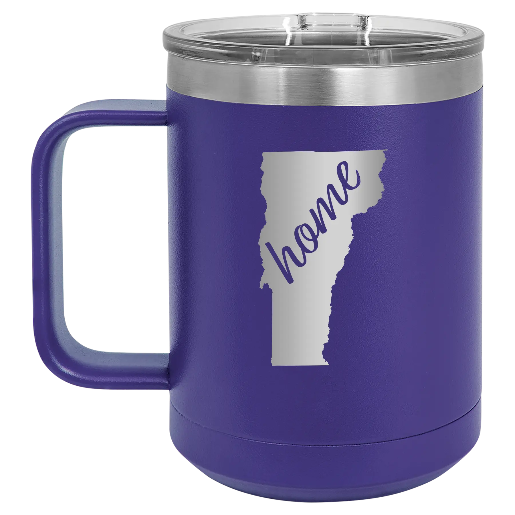 Laser etched purple 15 oz vacuum insulated coffee mug with 'Vermont Home' design