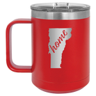 Laser etched red 15 oz vacuum insulated coffee mug with 'Vermont Home' design