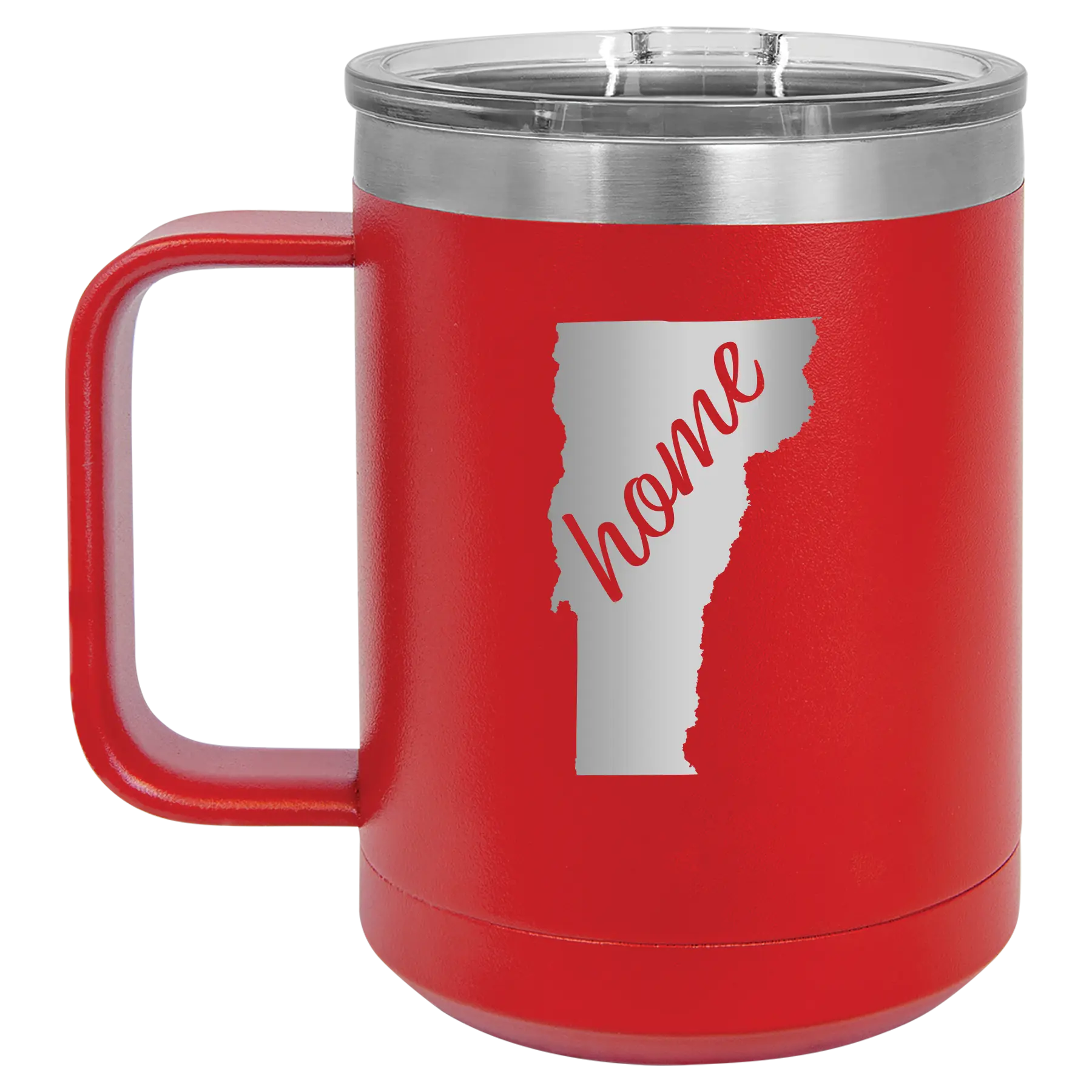 Laser etched red 15 oz vacuum insulated coffee mug with 'Vermont Home' design