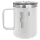 Laser etched white 15 oz vacuum insulated coffee mug with 'Vermont Home' design