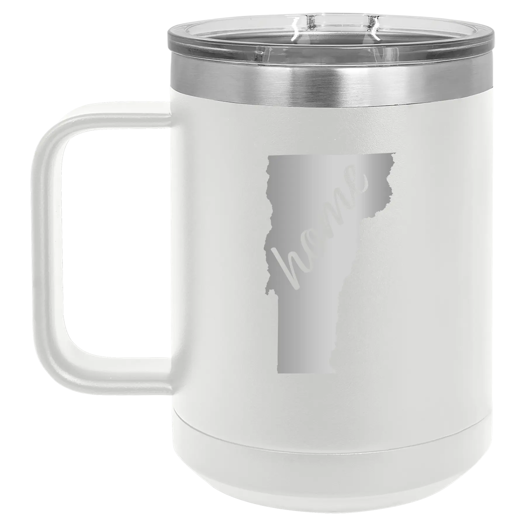 Laser etched white 15 oz vacuum insulated coffee mug with 'Vermont Home' design