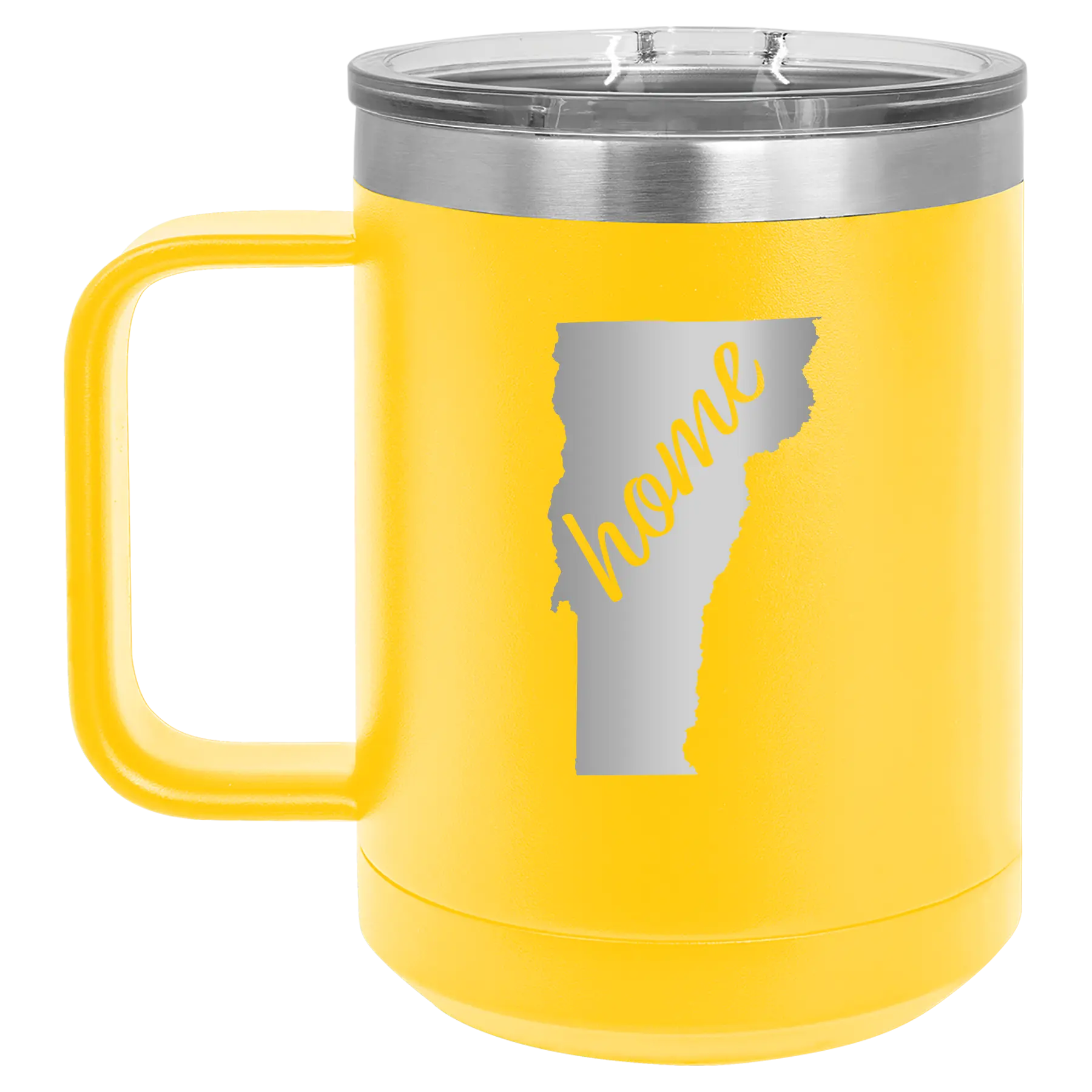 Laser etched yellow 15 oz vacuum insulated coffee mug with 'Vermont Home' design