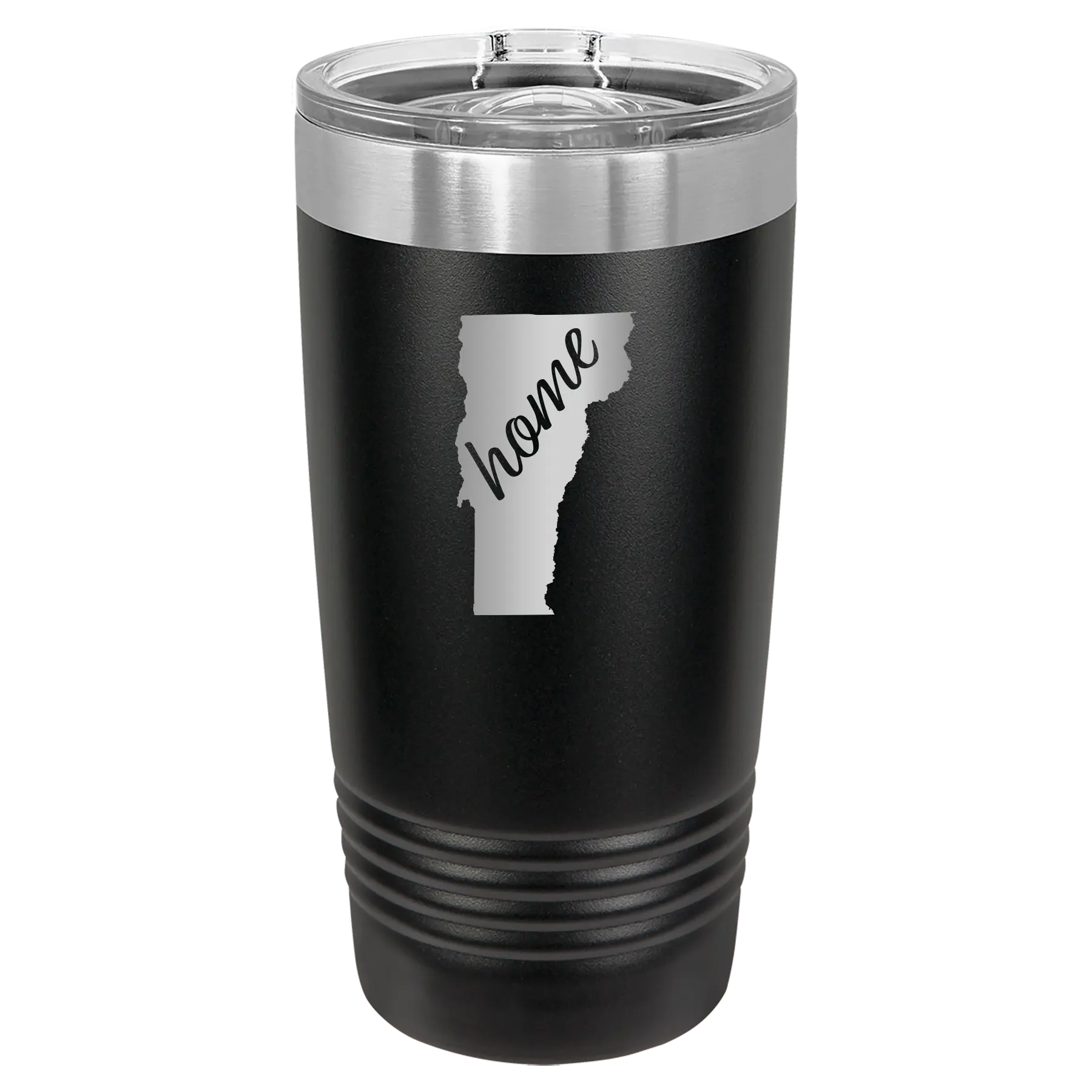 Laser etched black 20 oz vacuum insulated tumbler with 'Vermont Home' design
