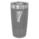 Laser etched dark gray 20 oz vacuum insulated tumbler with 'Vermont Home' design