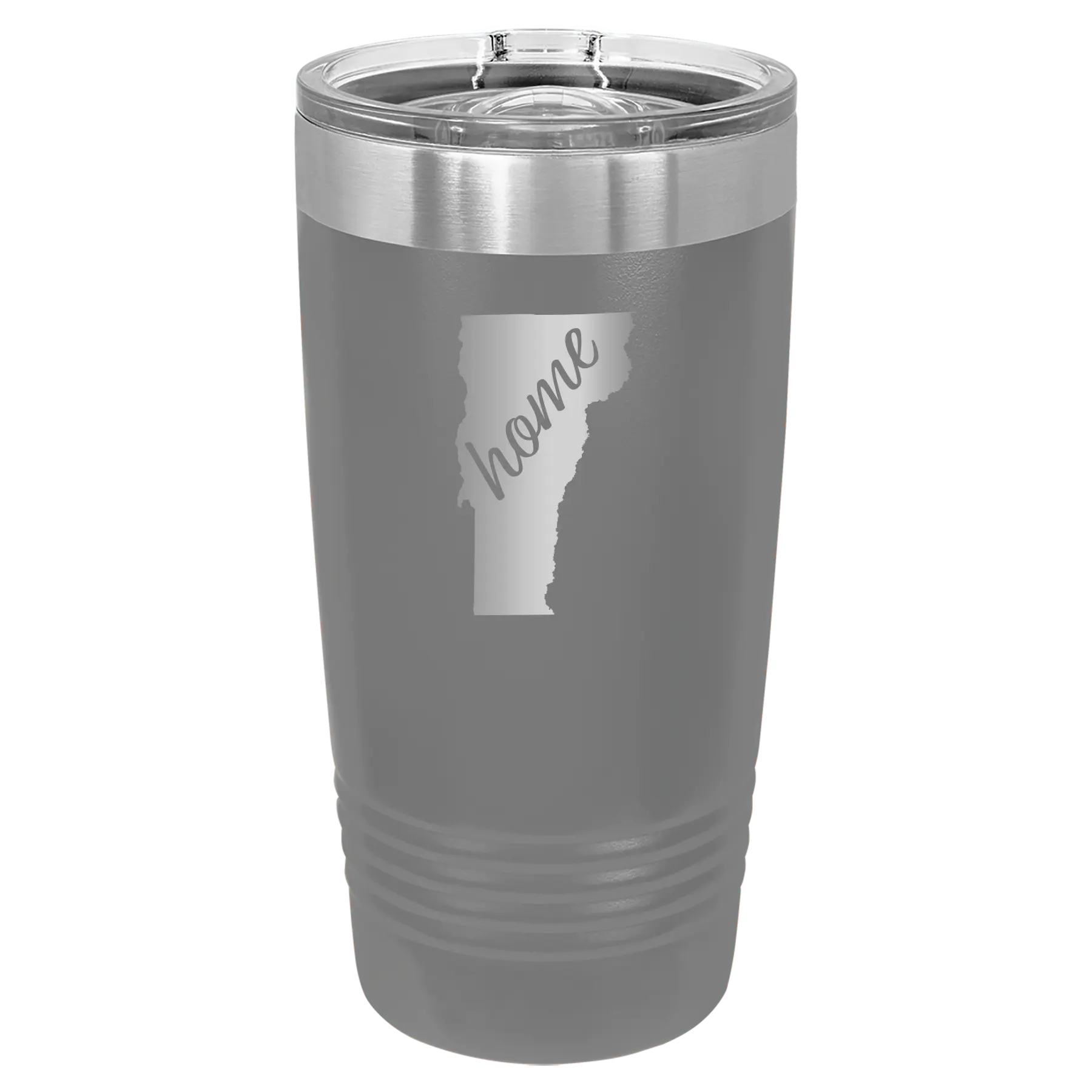 Laser etched dark gray 20 oz vacuum insulated tumbler with 'Vermont Home' design