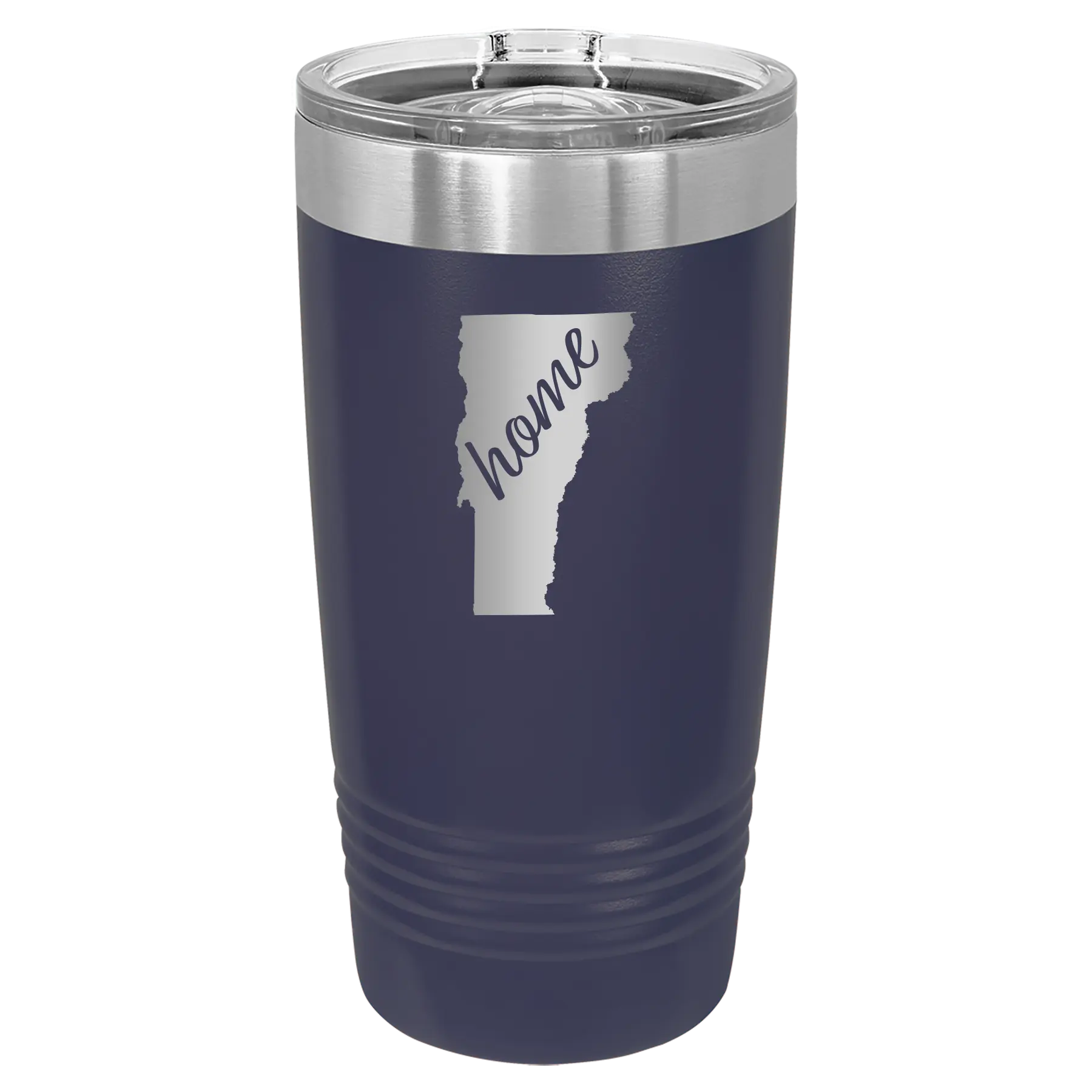 Laser etched navy 20 oz vacuum insulated tumbler with 'Vermont Home' design